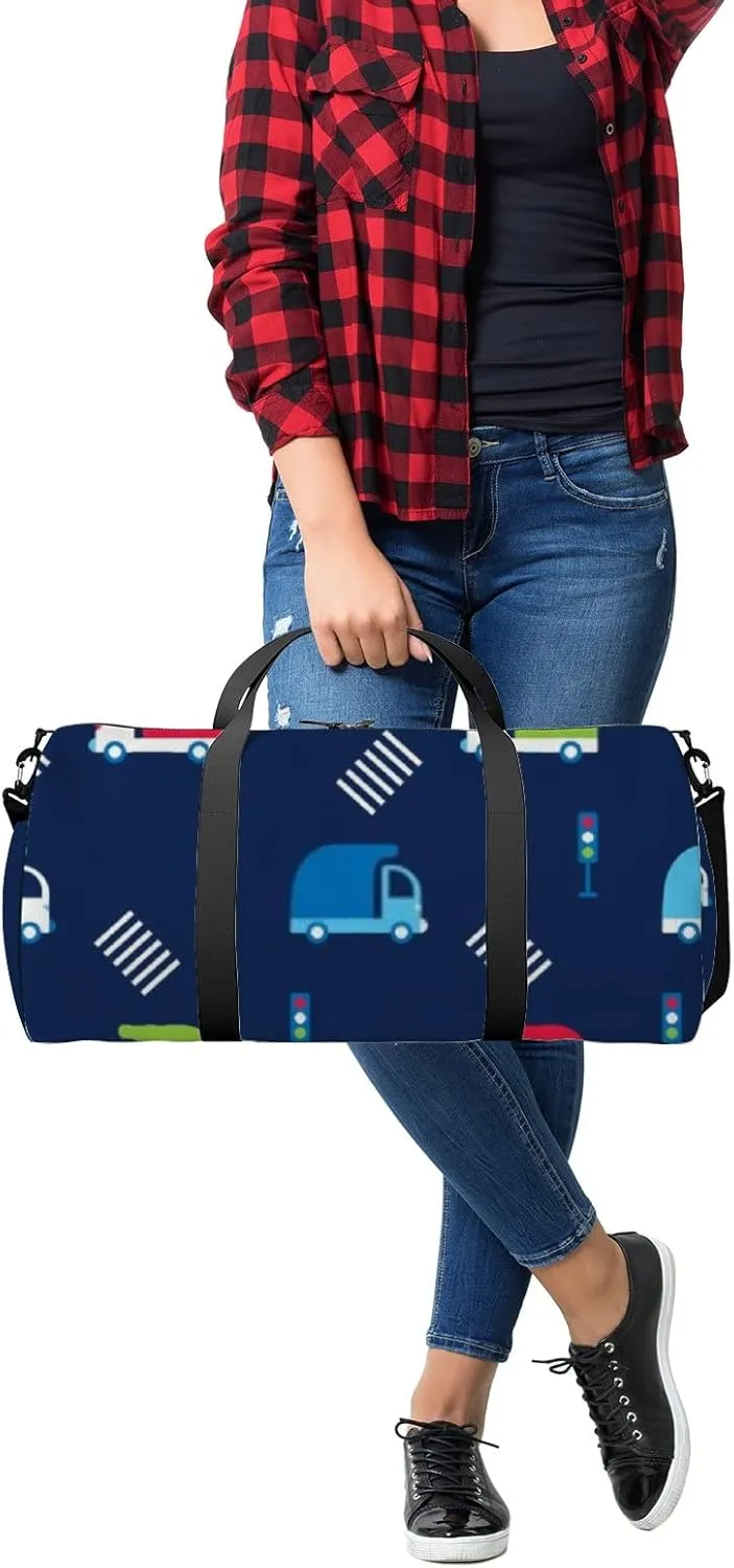Sports Gym Bag for Women and Men Waterproof Childish Pattern Cartoon Dump Trucks Red Blue Green Duffel Bag Lightweight Carryon Traveling Boarding Gripsack