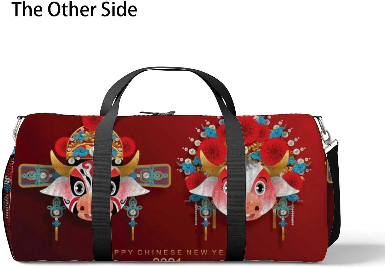Sports Gym Bag for Women and Men Waterproof Chinese Pattern Opera Ox Red Duffel Bag Lightweight Carryon Traveling Boarding Gripsack