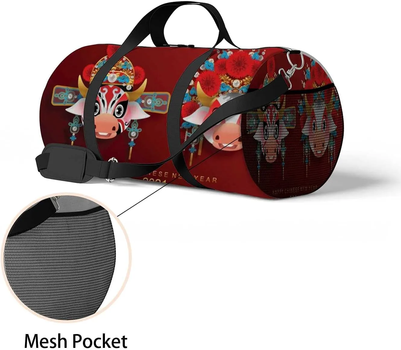 Sports Gym Bag for Women and Men Waterproof Chinese Pattern Opera Ox Red Duffel Bag Lightweight Carryon Traveling Boarding Gripsack