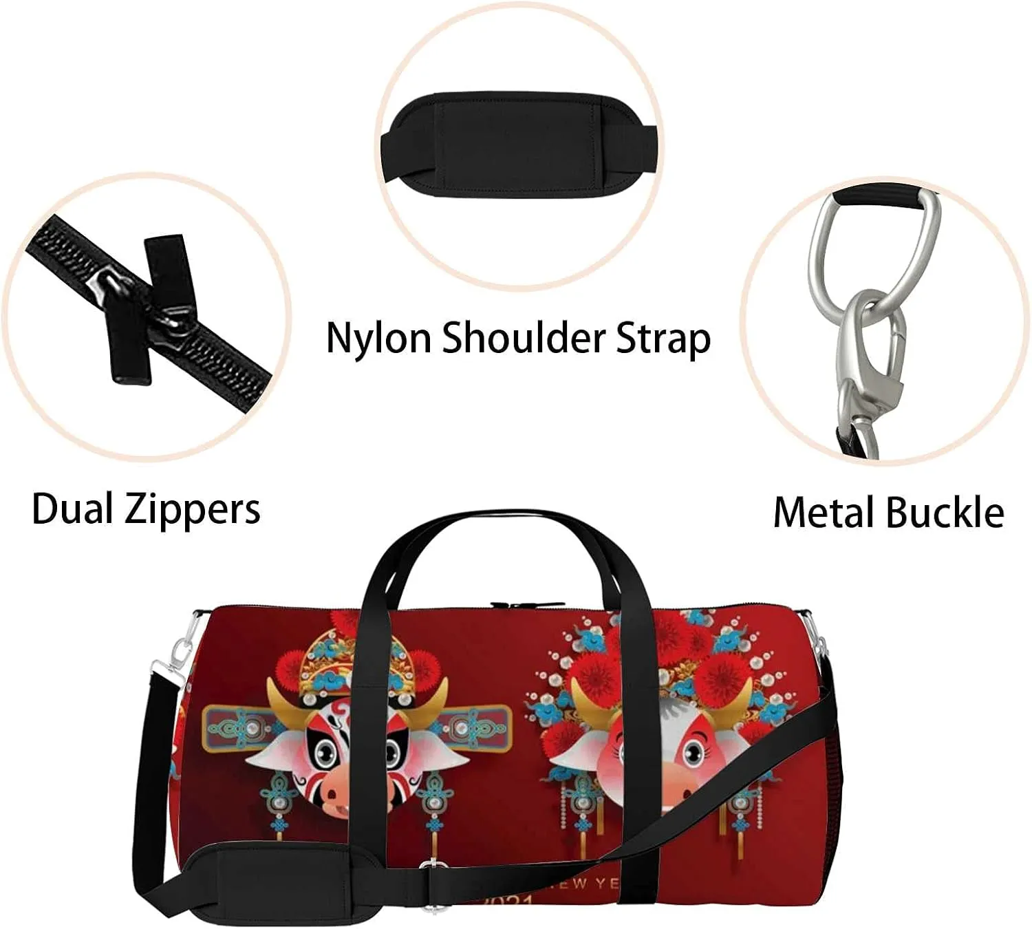 Sports Gym Bag for Women and Men Waterproof Chinese Pattern Opera Ox Red Duffel Bag Lightweight Carryon Traveling Boarding Gripsack