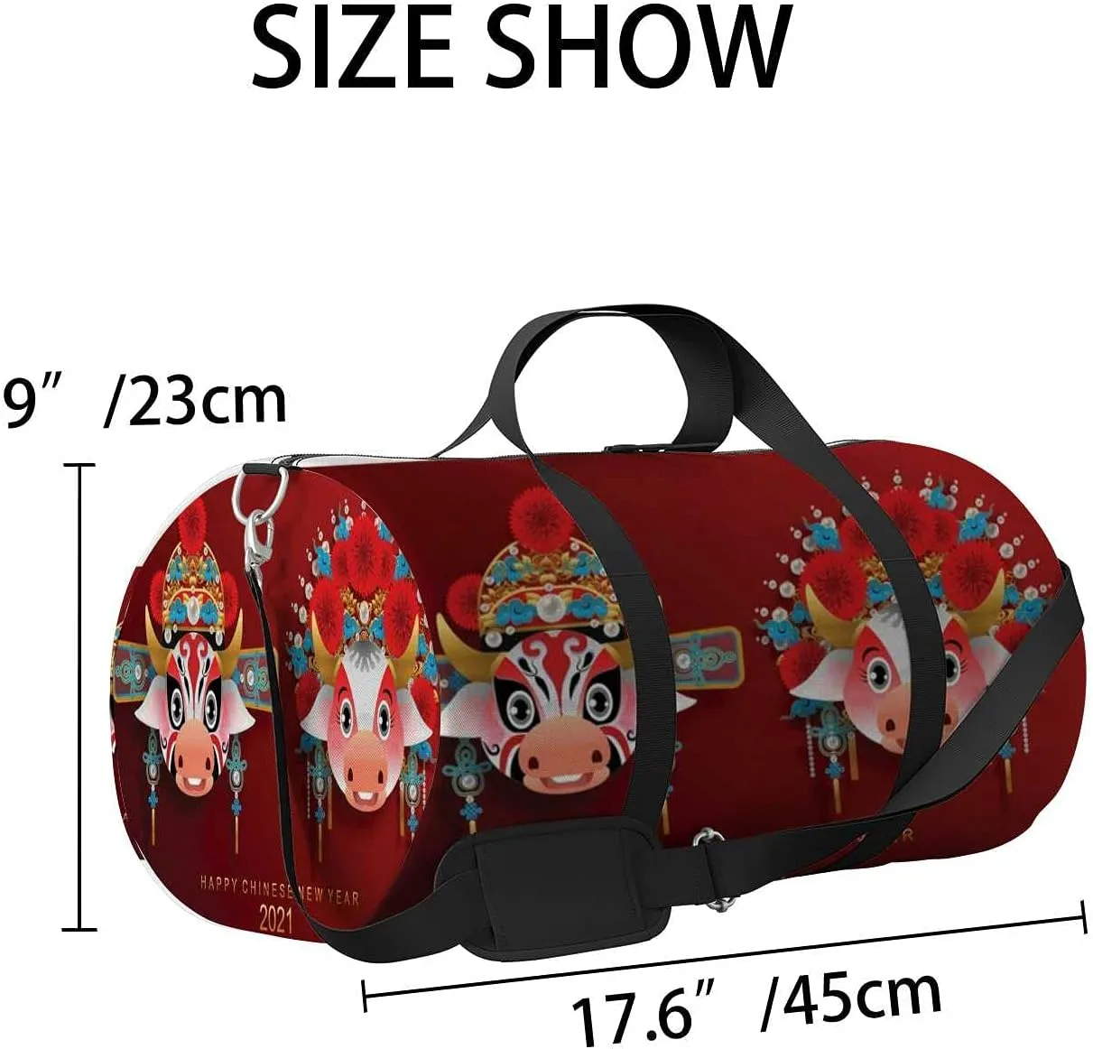 Sports Gym Bag for Women and Men Waterproof Chinese Pattern Opera Ox Red Duffel Bag Lightweight Carryon Traveling Boarding Gripsack