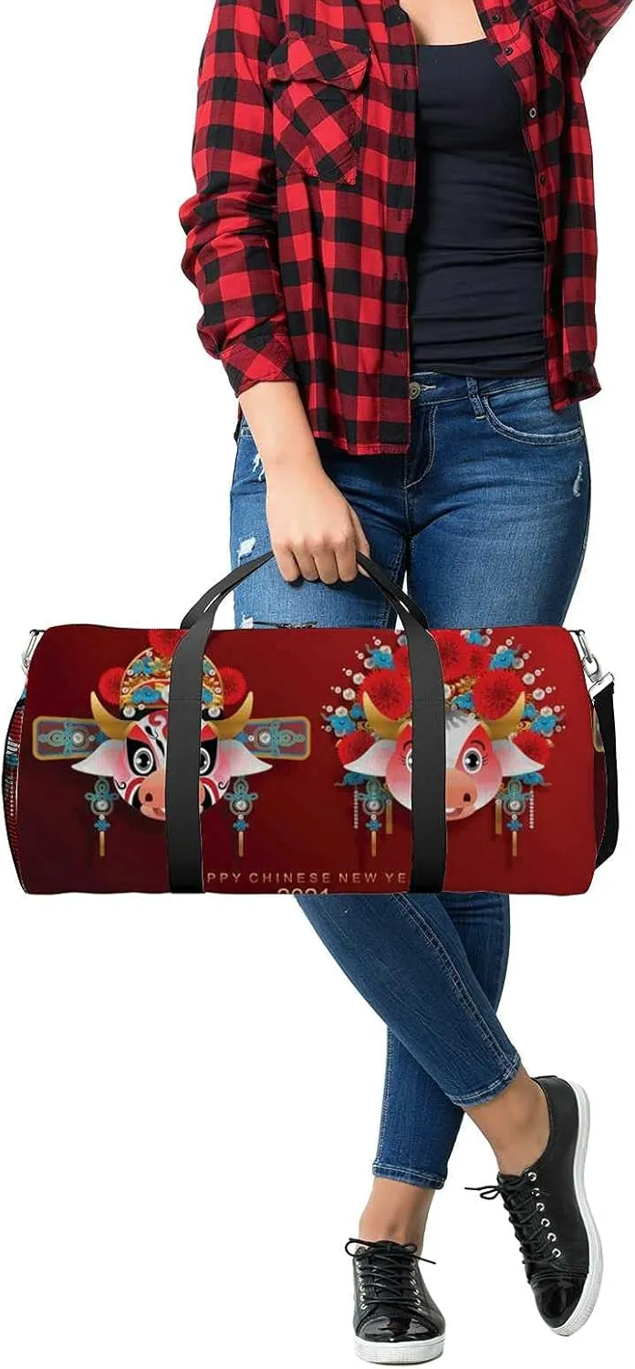 Sports Gym Bag for Women and Men Waterproof Chinese Pattern Opera Ox Red Duffel Bag Lightweight Carryon Traveling Boarding Gripsack