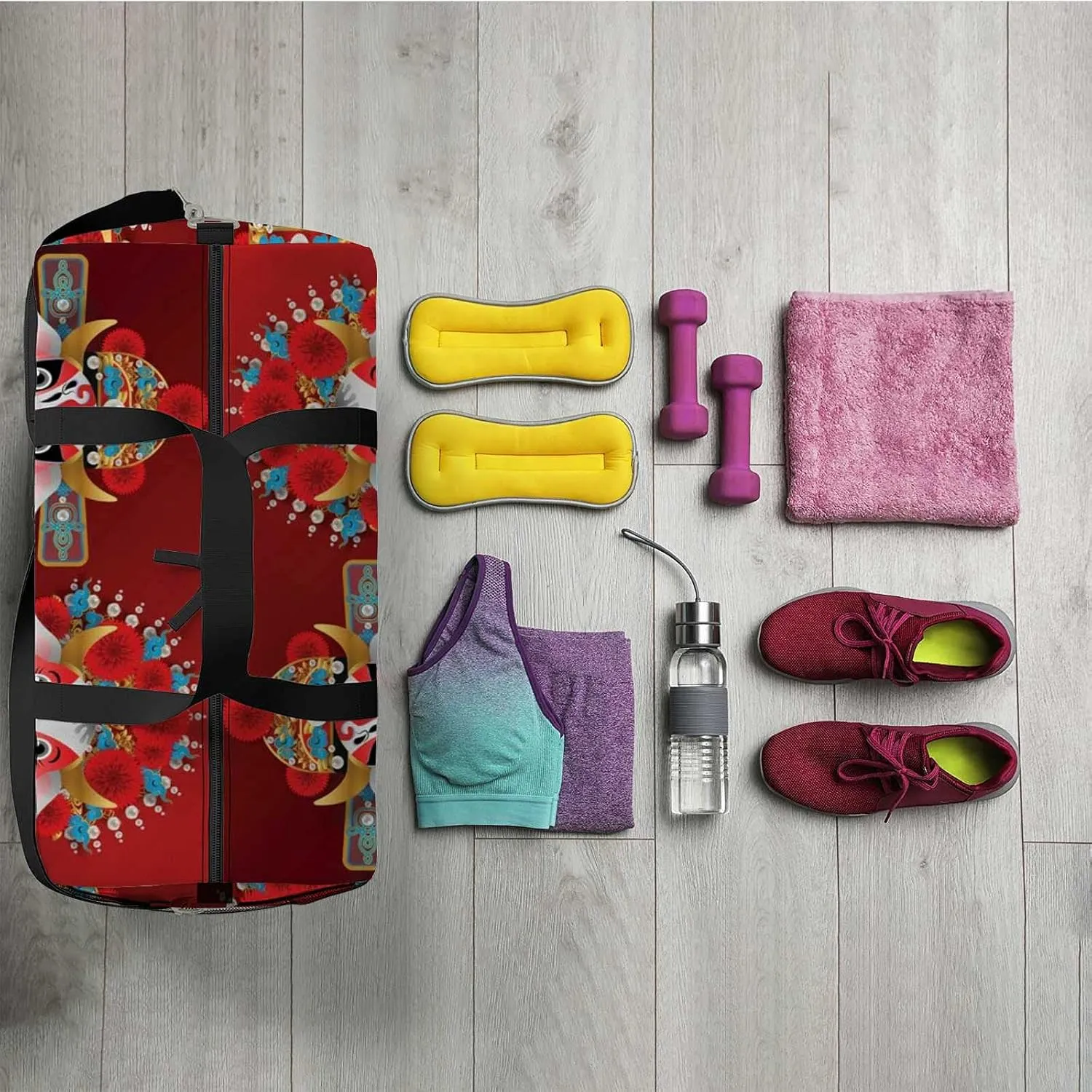 Sports Gym Bag for Women and Men Waterproof Chinese Pattern Opera Ox Red Duffel Bag Lightweight Carryon Traveling Boarding Gripsack
