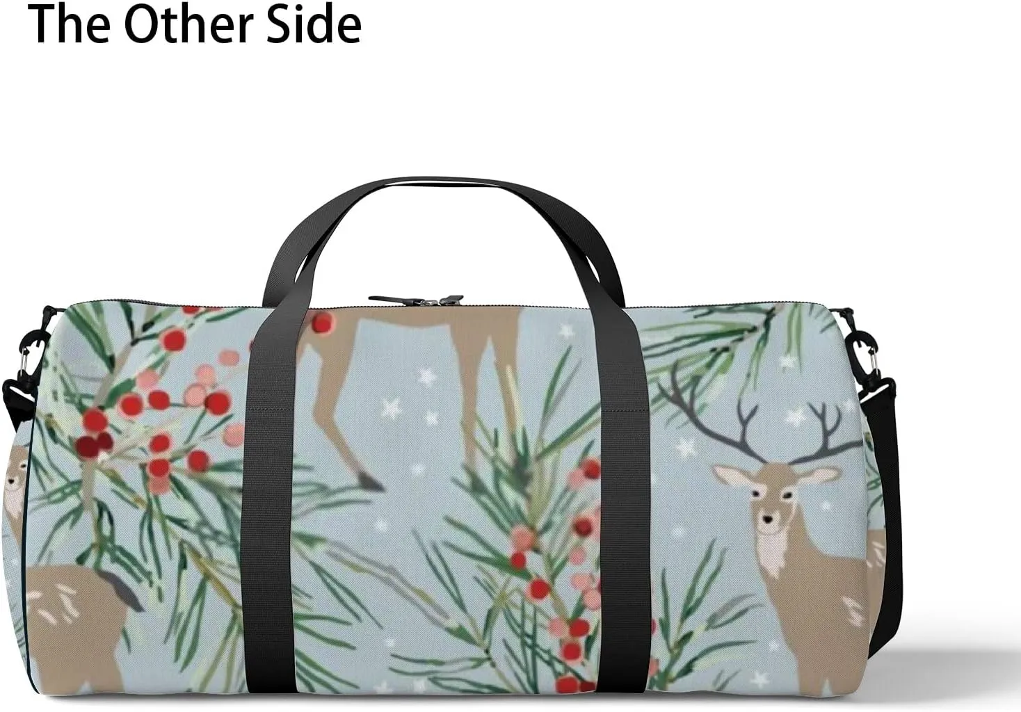 Sports Gym Bag for Women and Men Waterproof Christmas Forest Deer Pine Twigs Berries Stars Blue Duffel Bag Lightweight Carryon Traveling Boarding Gripsack