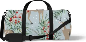 Sports Gym Bag for Women and Men Waterproof Christmas Forest Deer Pine Twigs Berries Stars Blue Duffel Bag Lightweight Carryon Traveling Boarding Gripsack