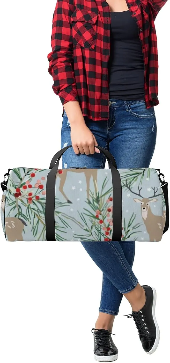 Sports Gym Bag for Women and Men Waterproof Christmas Forest Deer Pine Twigs Berries Stars Blue Duffel Bag Lightweight Carryon Traveling Boarding Gripsack
