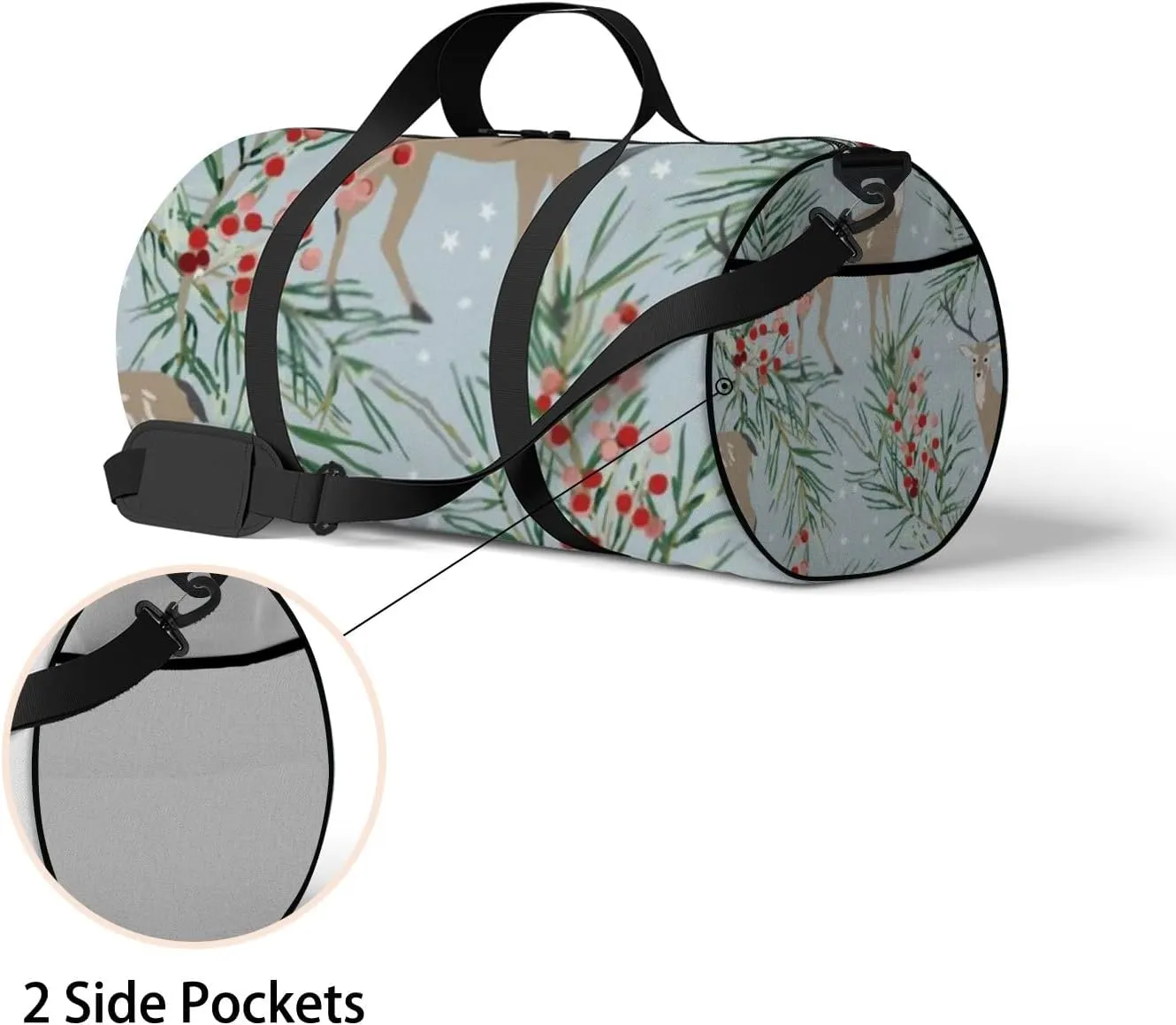 Sports Gym Bag for Women and Men Waterproof Christmas Forest Deer Pine Twigs Berries Stars Blue Duffel Bag Lightweight Carryon Traveling Boarding Gripsack