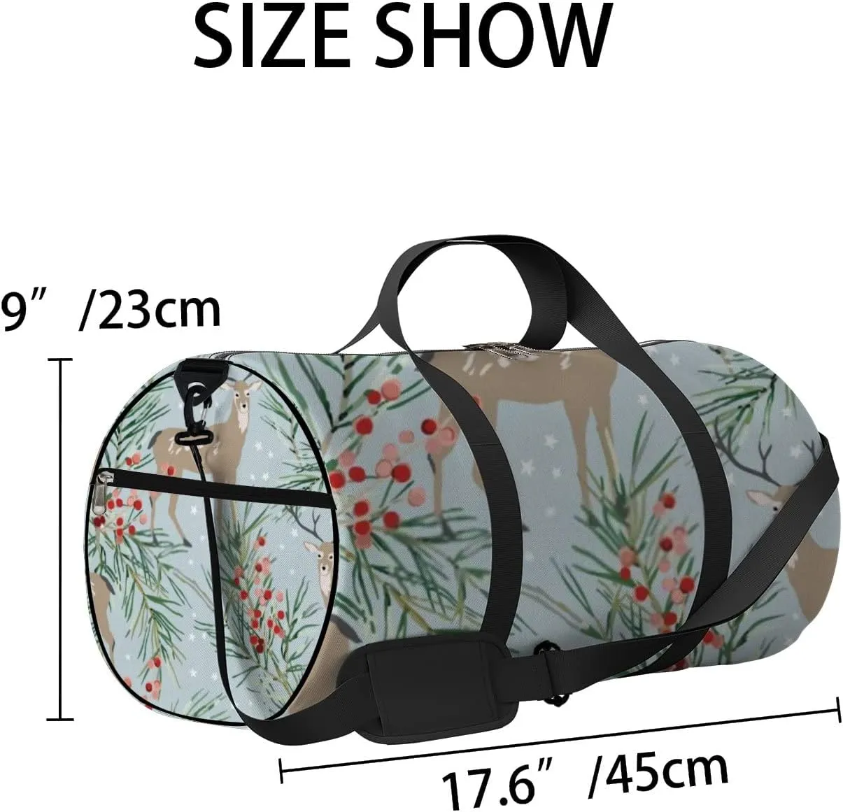 Sports Gym Bag for Women and Men Waterproof Christmas Forest Deer Pine Twigs Berries Stars Blue Duffel Bag Lightweight Carryon Traveling Boarding Gripsack