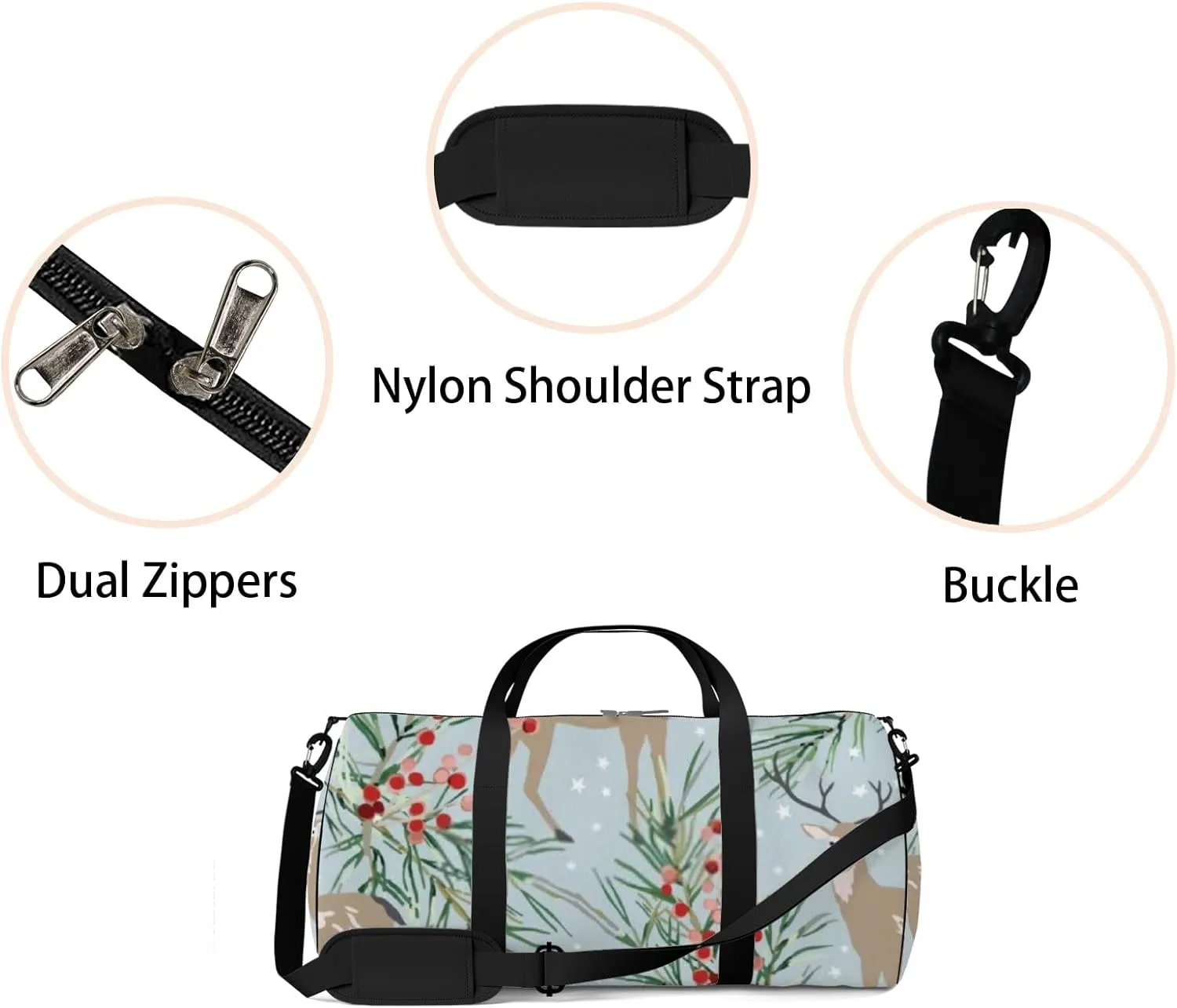 Sports Gym Bag for Women and Men Waterproof Christmas Forest Deer Pine Twigs Berries Stars Blue Duffel Bag Lightweight Carryon Traveling Boarding Gripsack