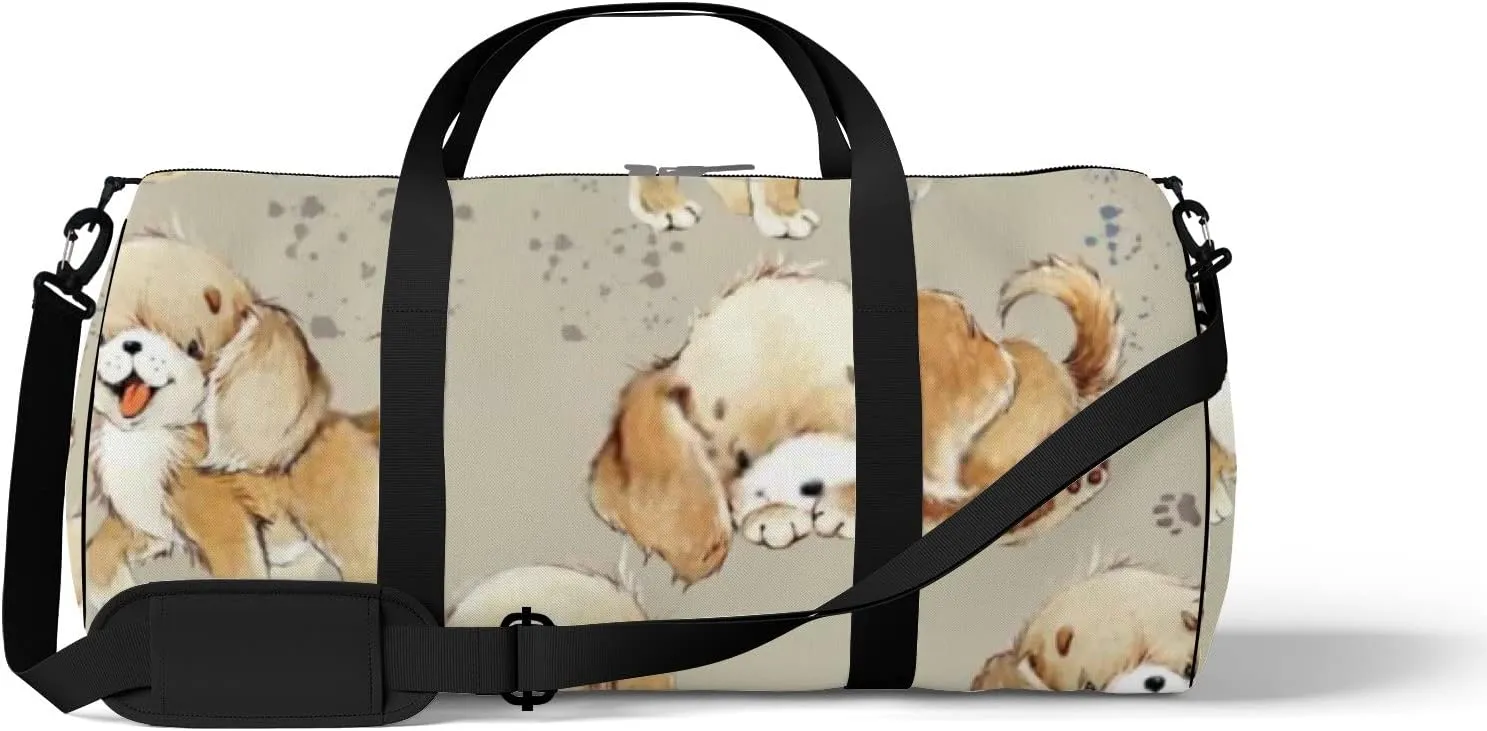 Sports Gym Bag for Women and Men Waterproof Cute Cartoon Dogs Brown Duffel Bag Lightweight Carryon Traveling Boarding Gripsack