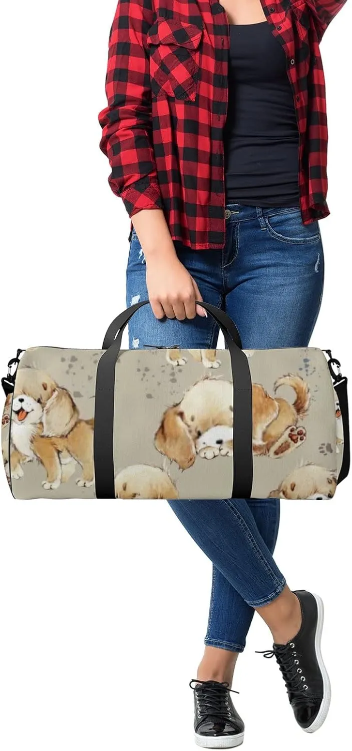 Sports Gym Bag for Women and Men Waterproof Cute Cartoon Dogs Brown Duffel Bag Lightweight Carryon Traveling Boarding Gripsack