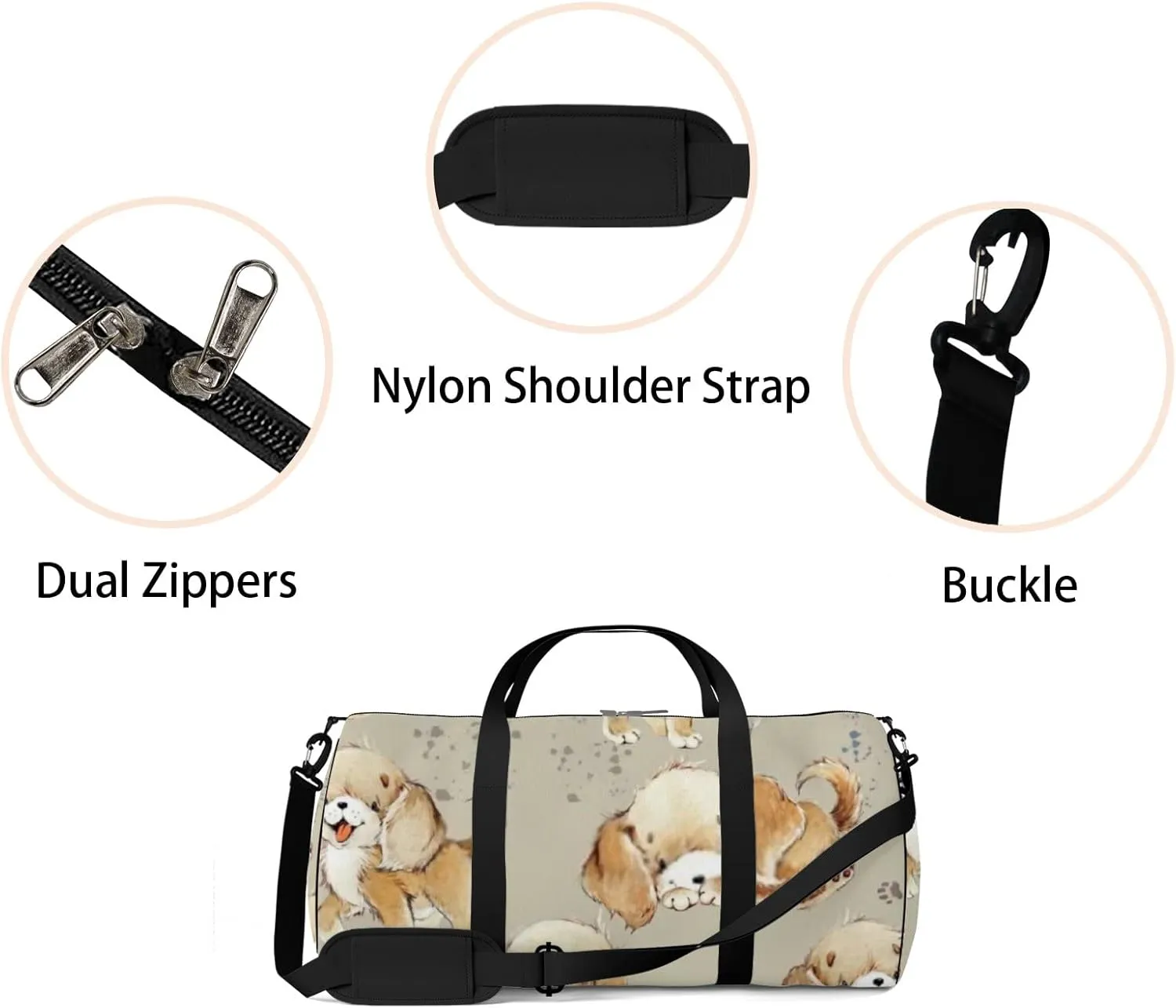 Sports Gym Bag for Women and Men Waterproof Cute Cartoon Dogs Brown Duffel Bag Lightweight Carryon Traveling Boarding Gripsack