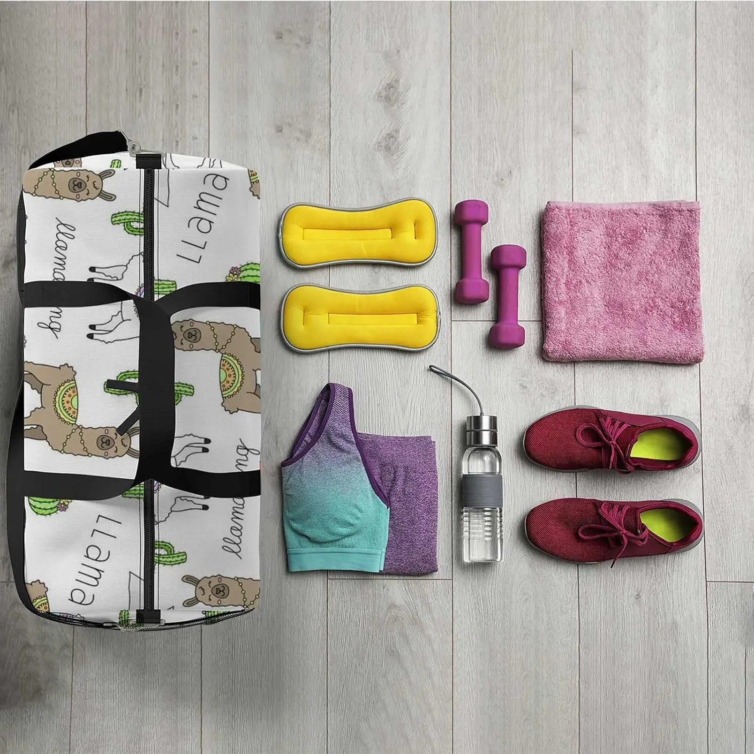 Sports Gym Bag for Women and Men Waterproof Cute Llama Illustration Pattern Duffel Bag Lightweight Carryon Traveling Boarding Gripsack