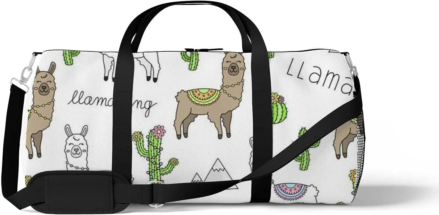 Sports Gym Bag for Women and Men Waterproof Cute Llama Illustration Pattern Duffel Bag Lightweight Carryon Traveling Boarding Gripsack