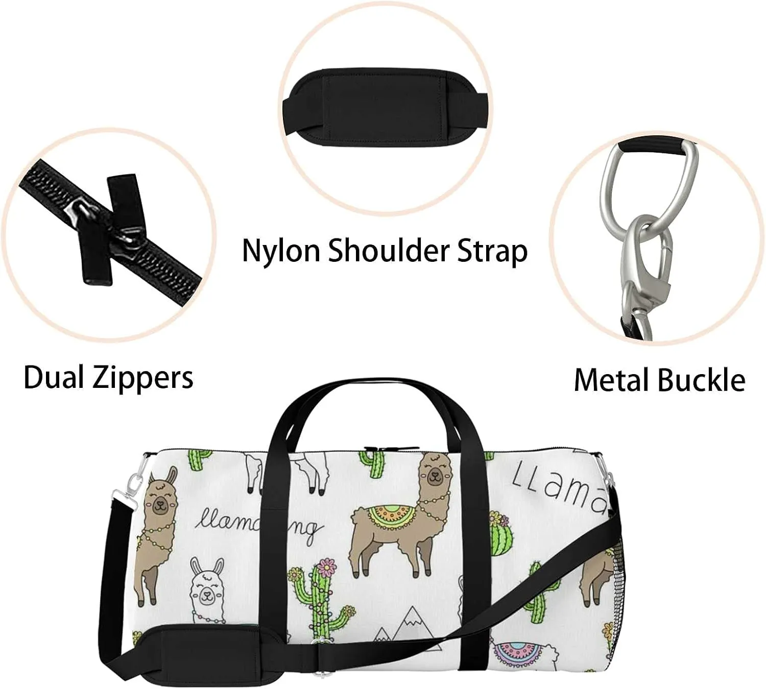 Sports Gym Bag for Women and Men Waterproof Cute Llama Illustration Pattern Duffel Bag Lightweight Carryon Traveling Boarding Gripsack