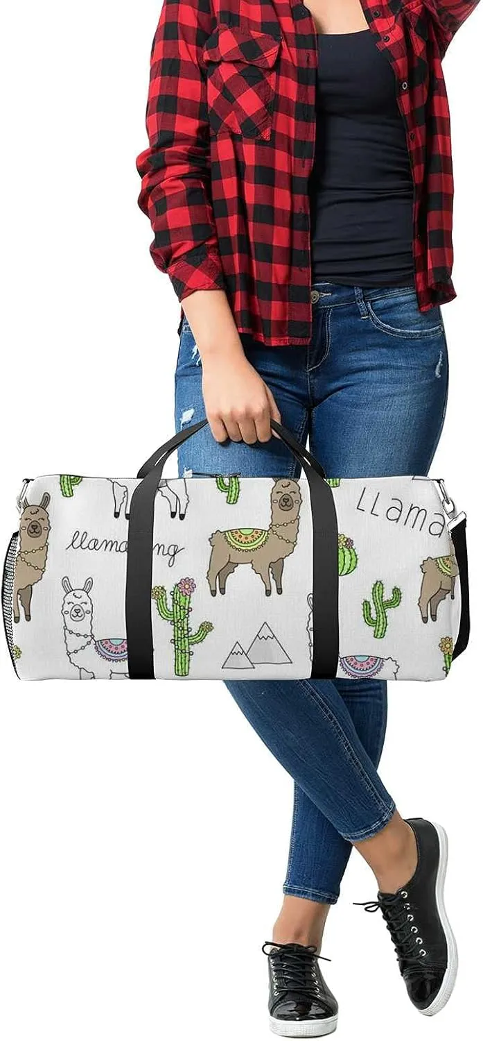 Sports Gym Bag for Women and Men Waterproof Cute Llama Illustration Pattern Duffel Bag Lightweight Carryon Traveling Boarding Gripsack