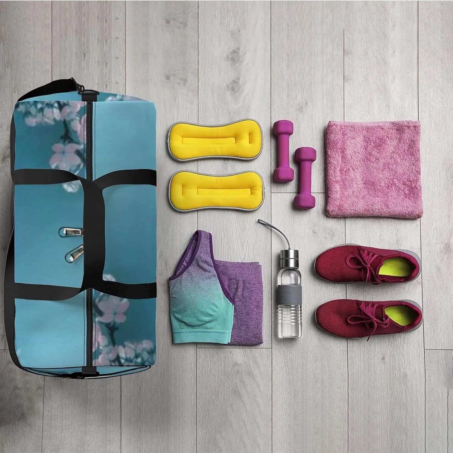 Sports Gym Bag for Women and Men Waterproof Floral Spring Light Blue Sky Duffel Bag Lightweight Carryon Traveling Boarding Gripsack