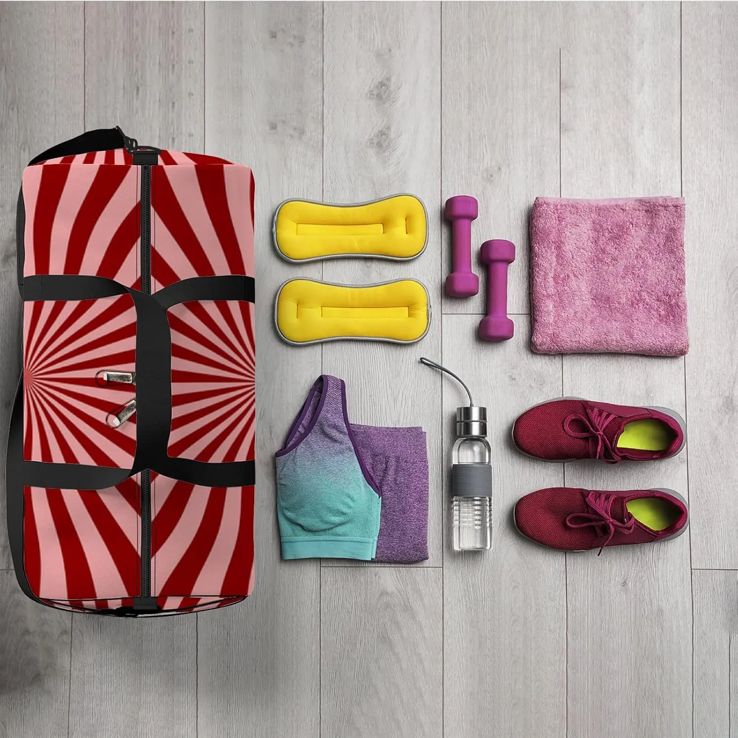 Sports Gym Bag for Women and Men Waterproof Sun Light Line Pink Red Duffel Bag Lightweight Carryon Traveling Boarding Gripsack