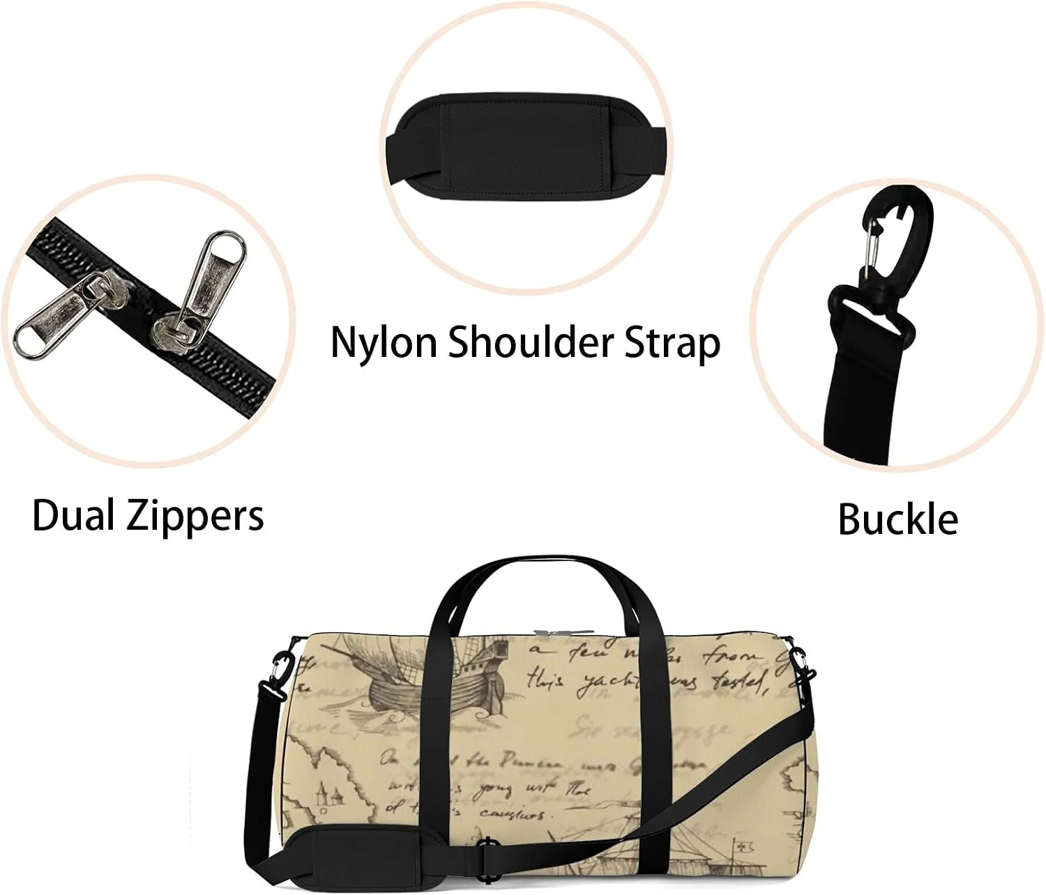 Sports Gym Bag for Women and Men Waterproof Vintage Sailboat Hand Drawn Sketch Duffel Bag Lightweight Carryon Traveling Boarding Gripsack