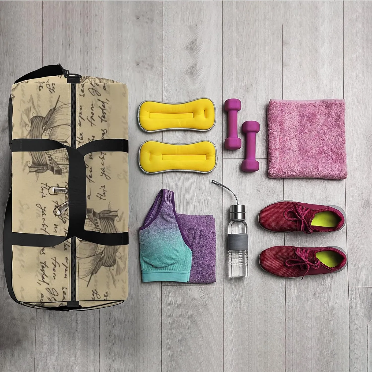 Sports Gym Bag for Women and Men Waterproof Vintage Sailboat Hand Drawn Sketch Duffel Bag Lightweight Carryon Traveling Boarding Gripsack