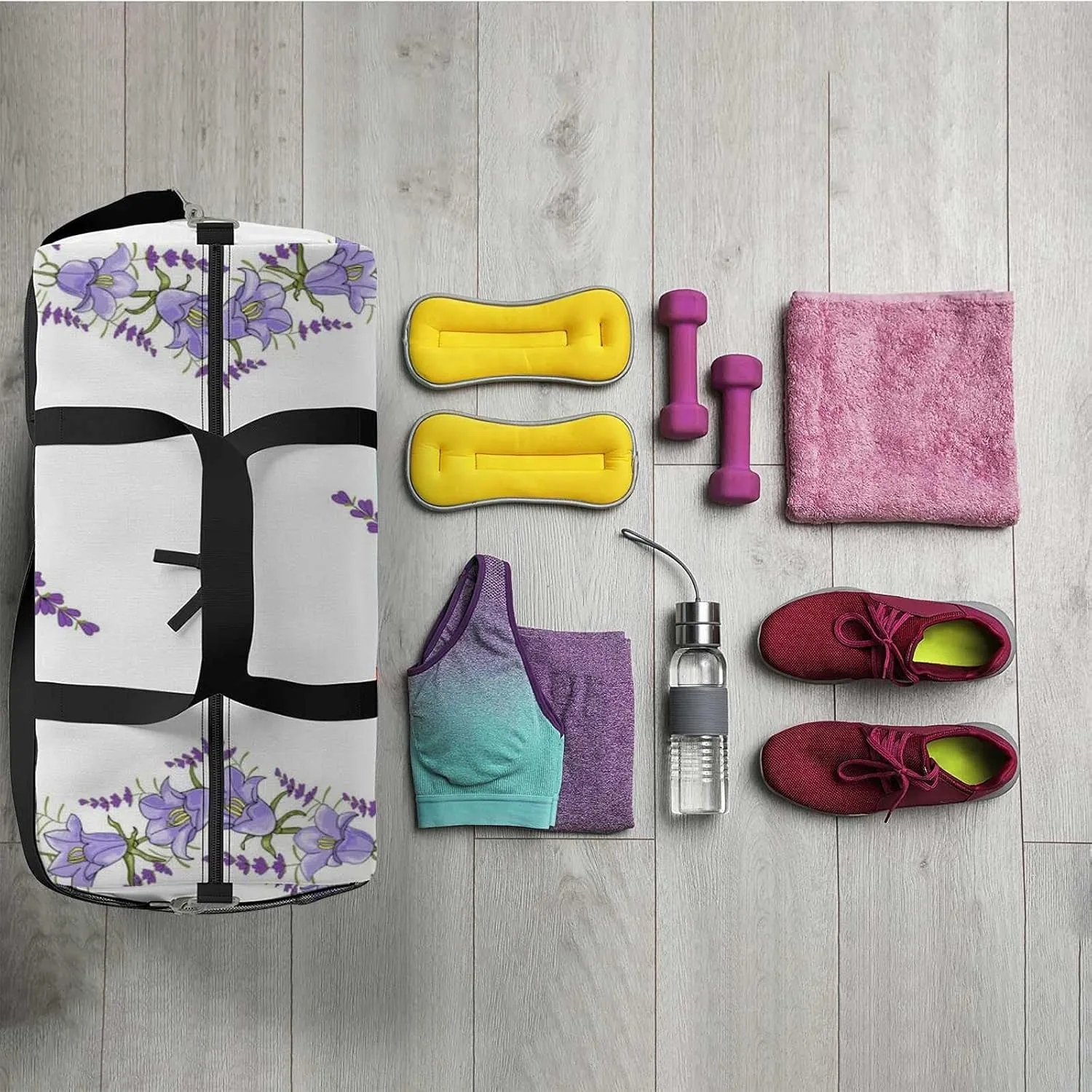Sports Gym Bag for Women and Men Waterproof Wreath Flowers Bluebells Lavender Holiday Duffel Bag Lightweight Carryon Traveling Boarding Gripsack