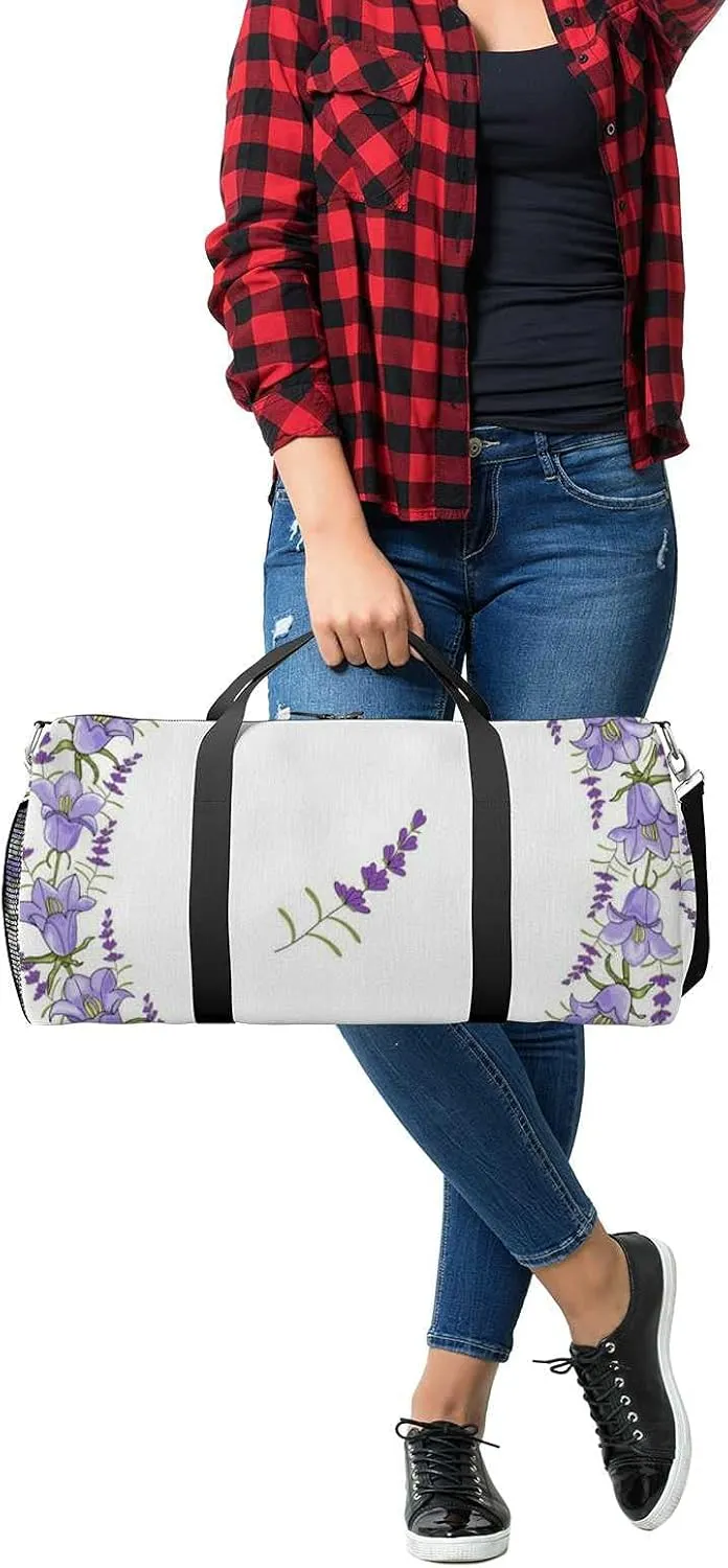 Sports Gym Bag for Women and Men Waterproof Wreath Flowers Bluebells Lavender Holiday Duffel Bag Lightweight Carryon Traveling Boarding Gripsack