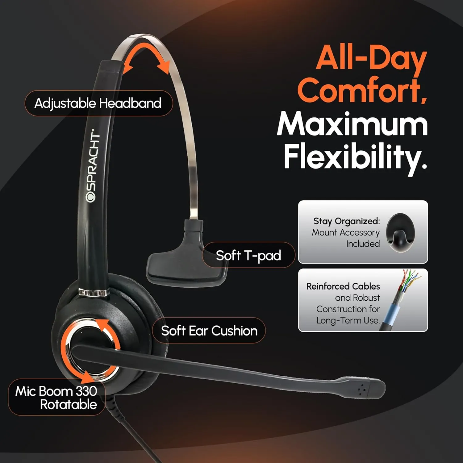 Spracht Zum RJ9 Single Ear Wired Headset for Desktop Phones | Universal Telephone Headsets for Office Telephones | Works with Polycom Digium Nortel Yealink Grandstream Cisco