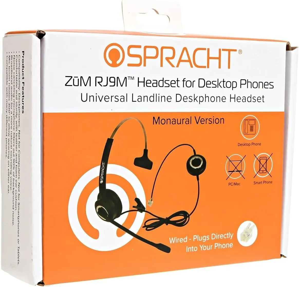 Spracht Zum RJ9 Single Ear Wired Headset for Desktop Phones | Universal Telephone Headsets for Office Telephones | Works with Polycom Digium Nortel Yealink Grandstream Cisco
