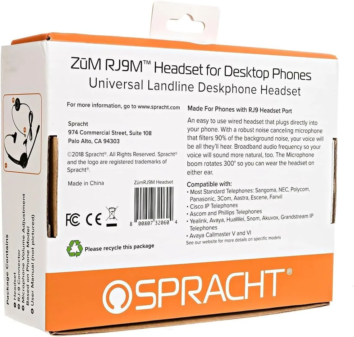 Spracht Zum RJ9 Single Ear Wired Headset for Desktop Phones | Universal Telephone Headsets for Office Telephones | Works with Polycom Digium Nortel Yealink Grandstream Cisco