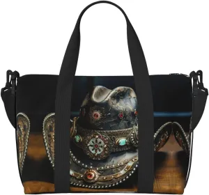 SSIMOO American West Rodeo Hat Print Portable Travel Duffel Bag,Ideal For Business And Private Travel, Black