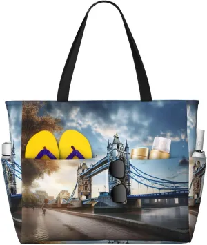 SSIMOO Historic Old Tower Bridge London Stylish Beach Travel Bagâ€“large Capacity Weekend Getaway Bag,Tote Bag For Outdoor, Black