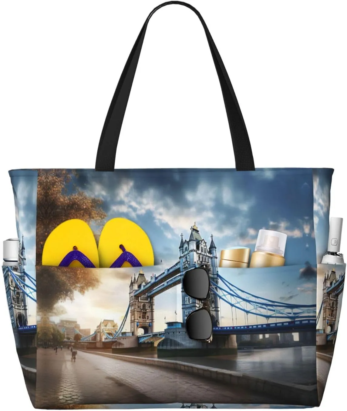 SSIMOO Historic Old Tower Bridge London Stylish Beach Travel Bagâ€“large Capacity Weekend Getaway Bag,Tote Bag For Outdoor, Black
