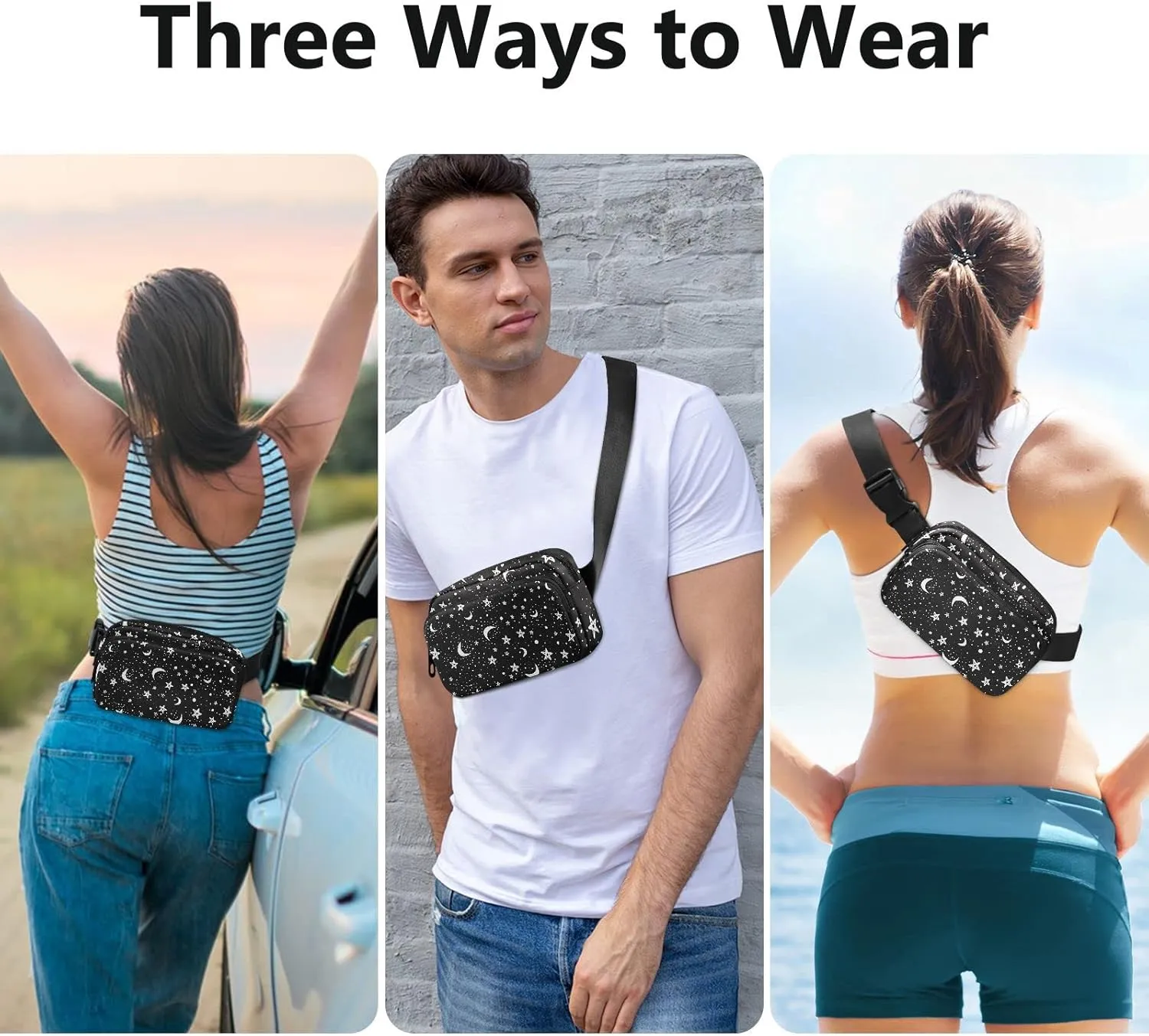 Star and Moon Fanny Pack Fashion Belt Bag Women Waist Bag Waterproof Adjustable Strap Casual Travel Hiking Cycling Running