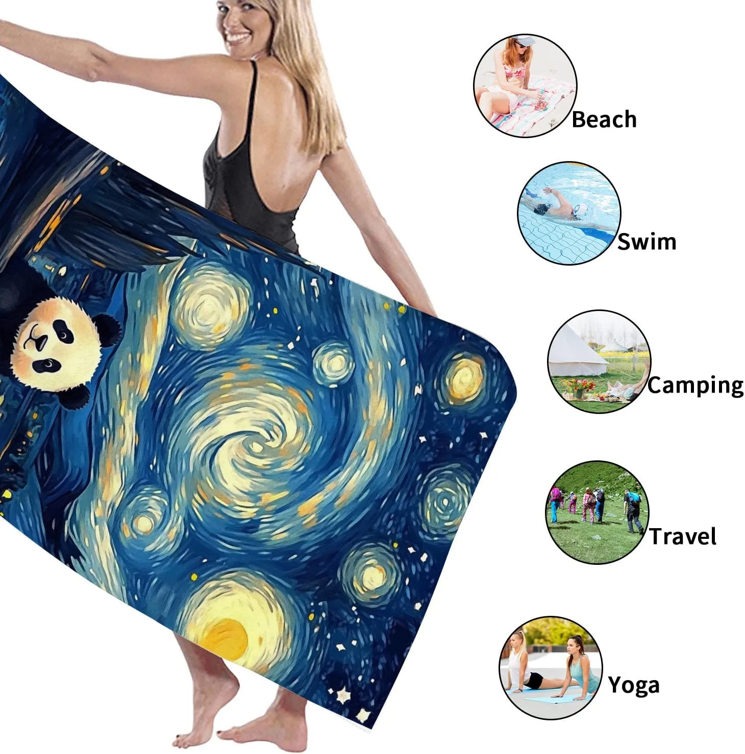 Starry Night Panda Microfiber Beach Towel Extra Large Blue Artistic Design Quick Dry Absorbent Sand Free Lightweight Beach Blanket, Vacation Picnic Essentials 62x31 Inch