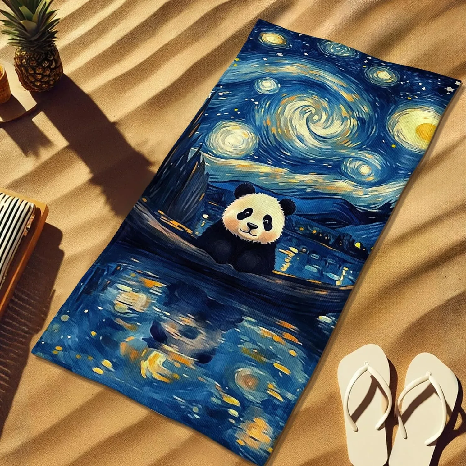Starry Night Panda Microfiber Beach Towel Extra Large Blue Artistic Design Quick Dry Absorbent Sand Free Lightweight Beach Blanket, Vacation Picnic Essentials 62x31 Inch