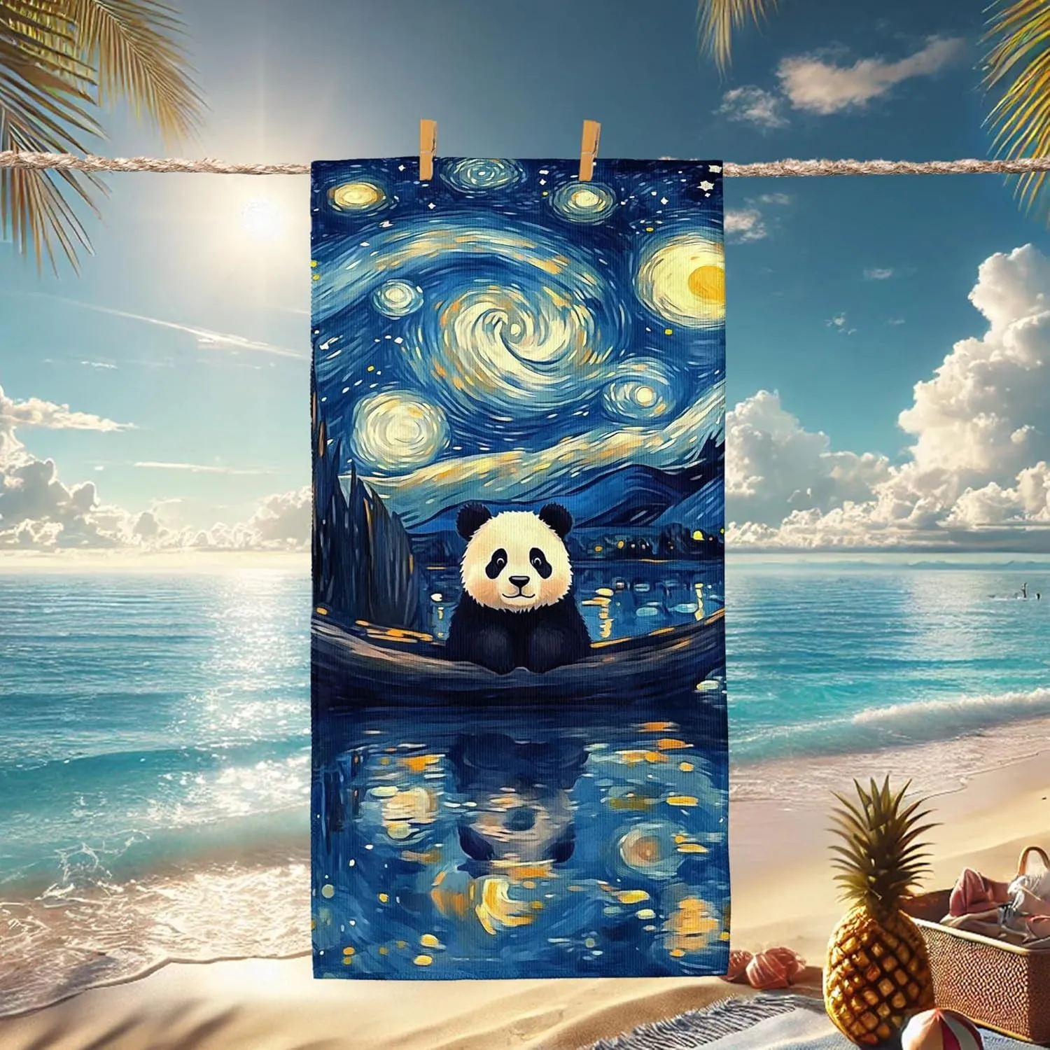 Starry Night Panda Microfiber Beach Towel Extra Large Blue Artistic Design Quick Dry Absorbent Sand Free Lightweight Beach Blanket, Vacation Picnic Essentials 62x31 Inch