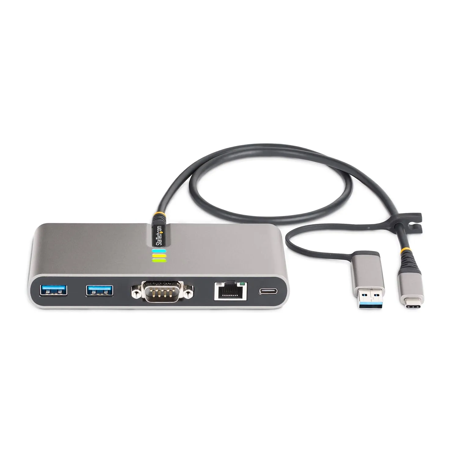 StarTech.com 2-Port USB-C Hub with Gb Ethernet and RS232 FTDI Serial, Attached USB-C to USB-A Dongle, 100W PD Pass-Through, 2X USB-A 5Gbps