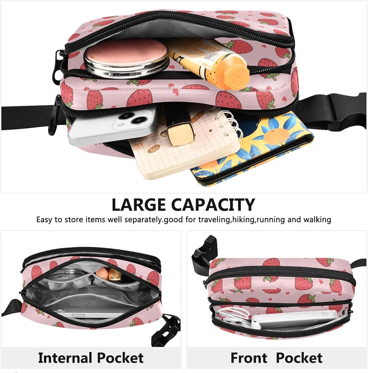 Strawberry Fanny Pack Fashion Belt Bag Women Waist Bag Waterproof Adjustable Strap Casual Travel Hiking Cycling Running