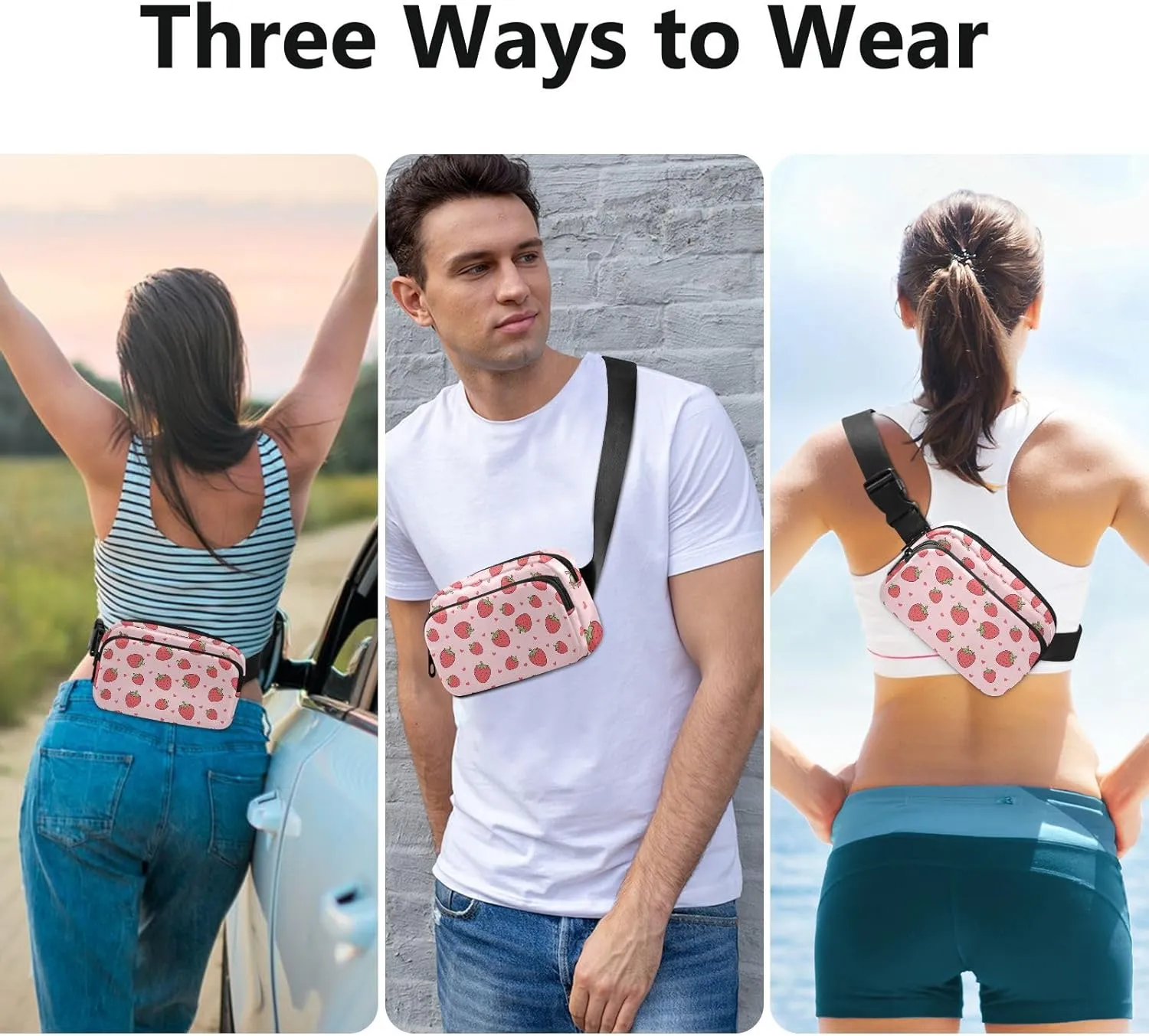 Strawberry Fanny Pack Fashion Belt Bag Women Waist Bag Waterproof Adjustable Strap Casual Travel Hiking Cycling Running