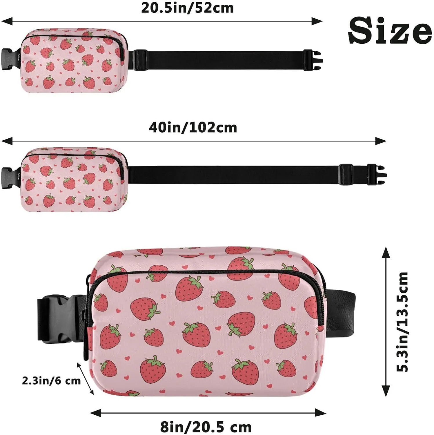 Strawberry Fanny Pack Fashion Belt Bag Women Waist Bag Waterproof Adjustable Strap Casual Travel Hiking Cycling Running