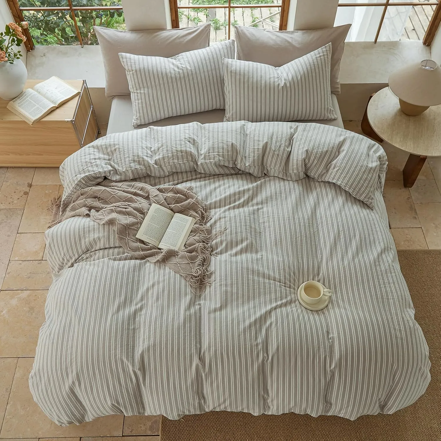 Striped Duvet Cover Set,100% Washed Cotton Linen Like Comforter Cover,Breathable,Durable,Comfy(Strip-Tannish Linen Grey/White,King)