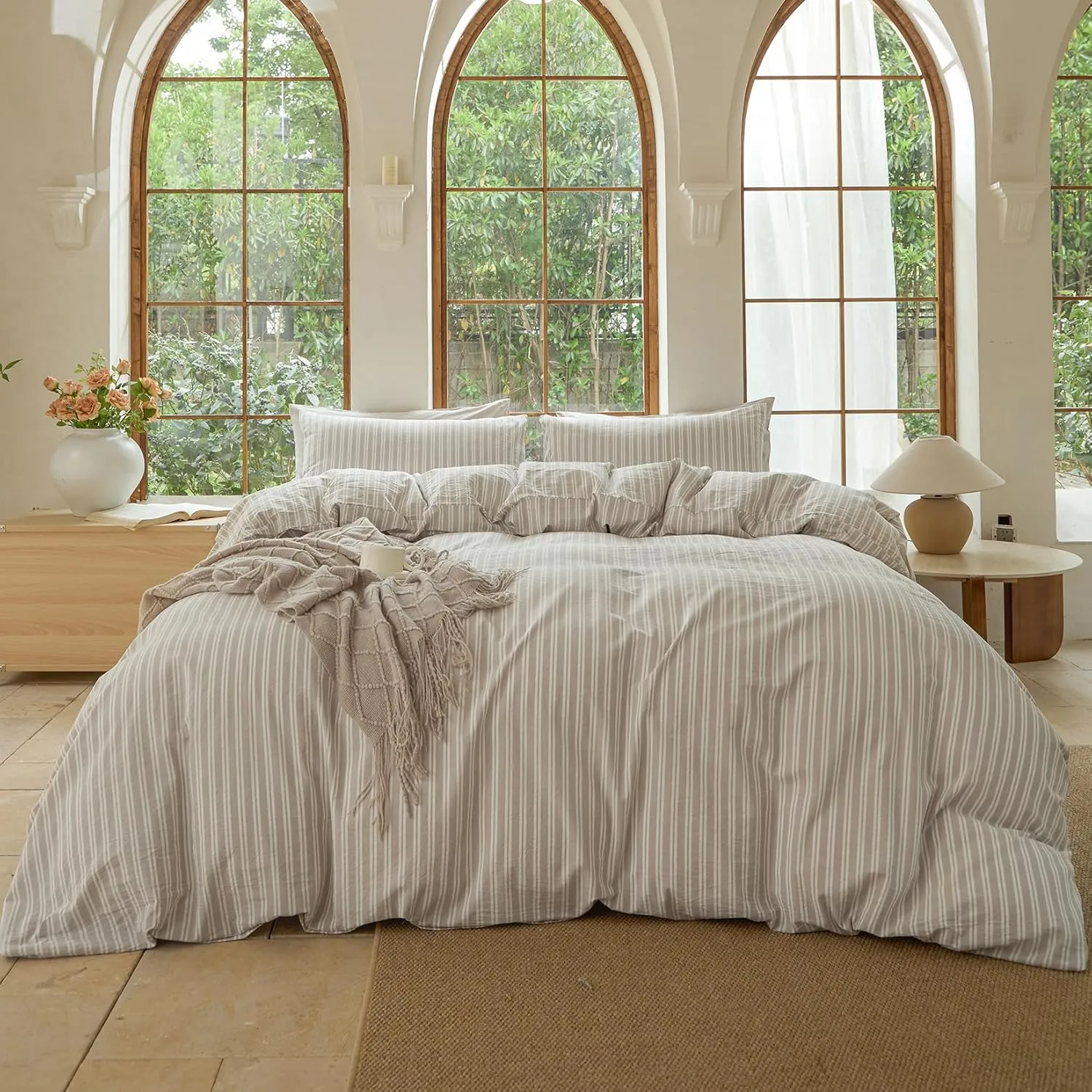 Striped Duvet Cover Set,100% Washed Cotton Linen Like Comforter Cover,Breathable,Durable,Comfy(Strip-Tannish Linen Grey/White,King)