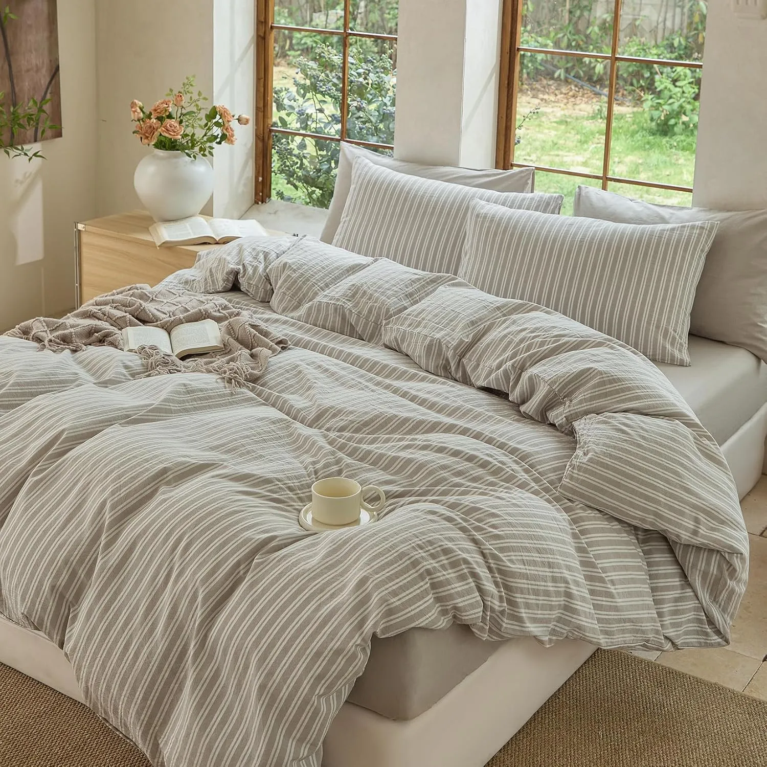 Striped Duvet Cover Set,100% Washed Cotton Linen Like Comforter Cover,Breathable,Durable,Comfy(Strip-Tannish Linen Grey/White,King)