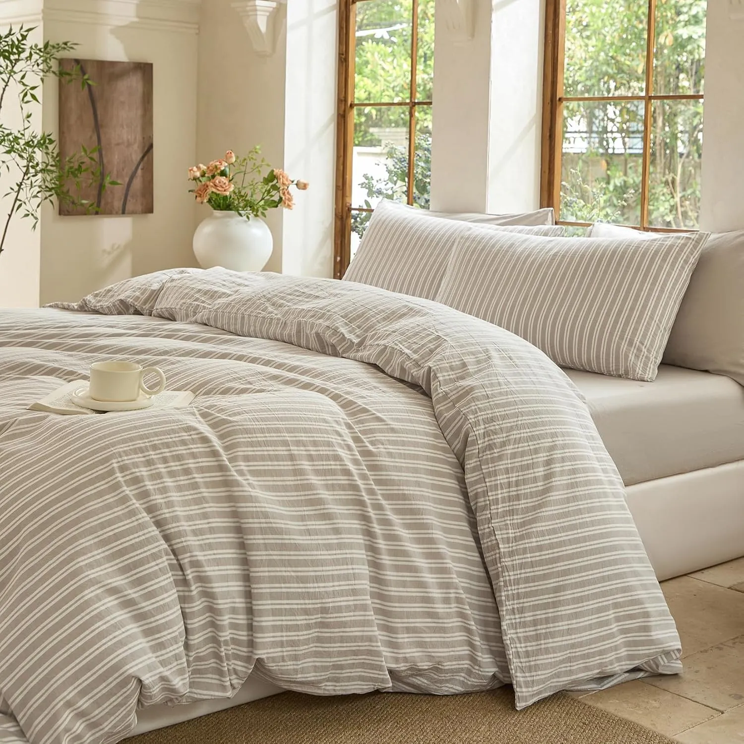 Striped Duvet Cover Set,100% Washed Cotton Linen Like Comforter Cover,Breathable,Durable,Comfy(Strip-Tannish Linen Grey/White,King)