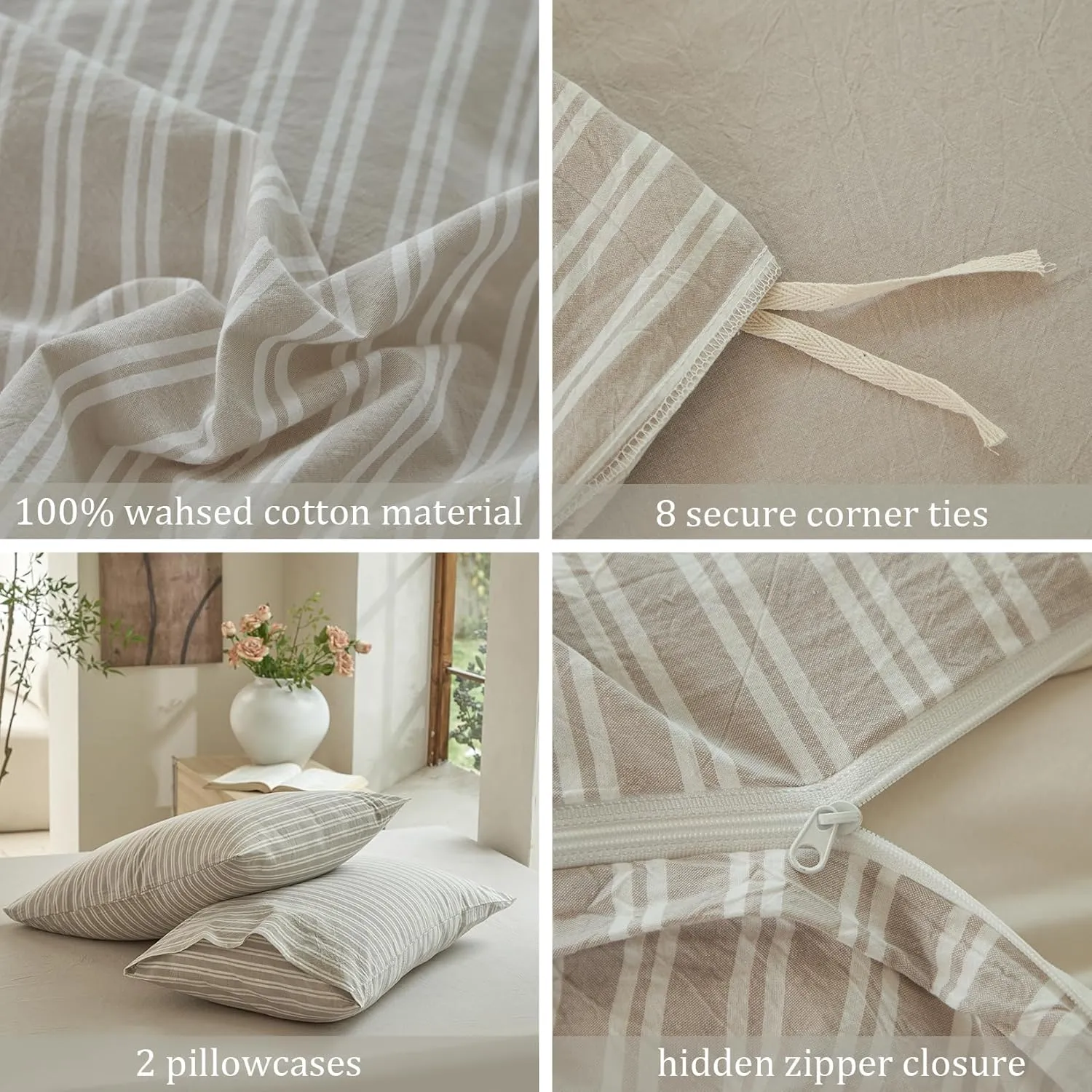 Striped Duvet Cover Set,100% Washed Cotton Linen Like Comforter Cover,Breathable,Durable,Comfy(Strip-Tannish Linen Grey/White,King)