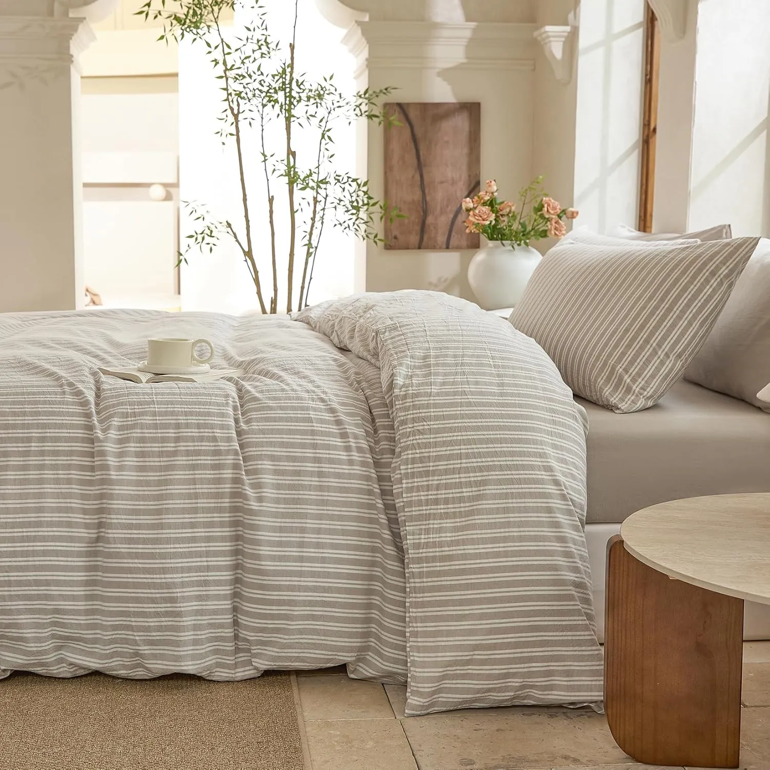 Striped Duvet Cover Set,100% Washed Cotton Linen Like Comforter Cover,Breathable,Durable,Comfy(Strip-Tannish Linen Grey/White,King)