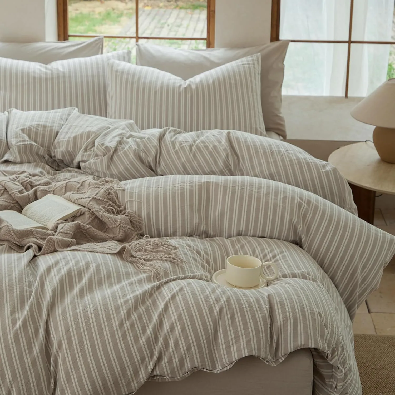 Striped Duvet Cover Set,100% Washed Cotton Linen Like Comforter Cover,Breathable,Durable,Comfy(Strip-Tannish Linen Grey/White,King)