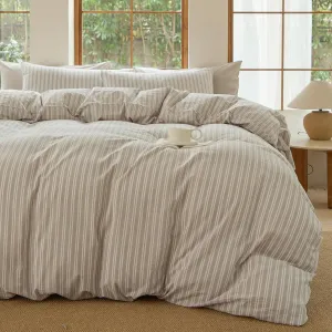 Striped Duvet Cover Set,100% Washed Cotton Linen Like Comforter Cover,Breathable,Durable,Comfy(Strip-Tannish Linen Grey/White,King)