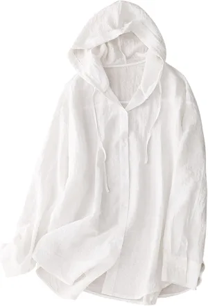 Summer Cotton Linen Button Hooded Long Sleeve Sun Shirts for Women Casual Loose Breathable Trendy UV Hiking Outwear