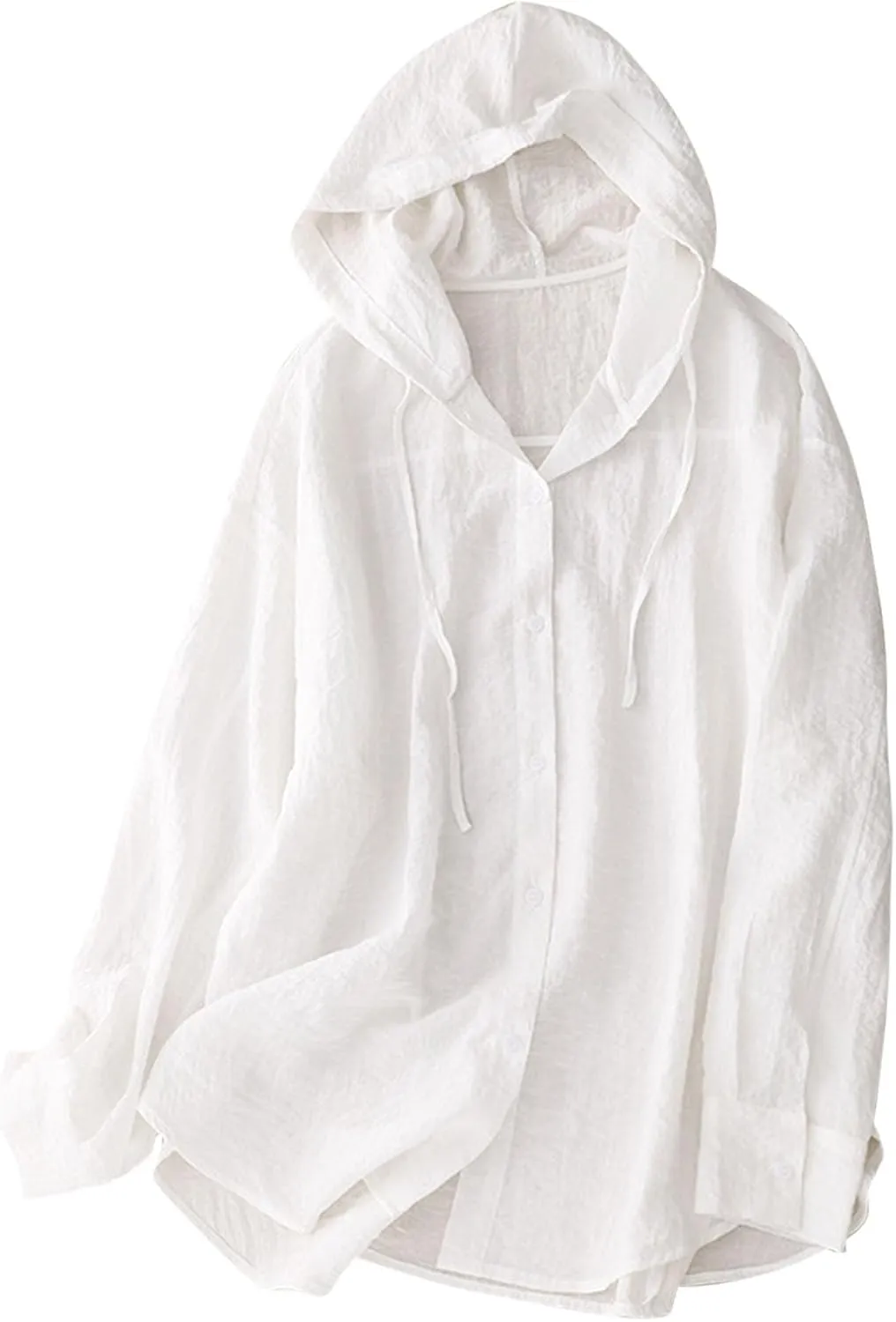 Summer Cotton Linen Button Hooded Long Sleeve Sun Shirts for Women Casual Loose Breathable Trendy UV Hiking Outwear